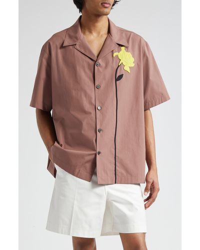 Valentino Flower Appliqué Cotton Camp Shirt - Red