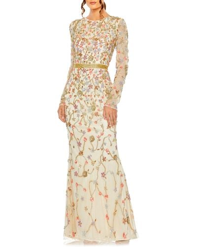 Mac Duggal Beaded Floral Long Sleeve Gown - Natural