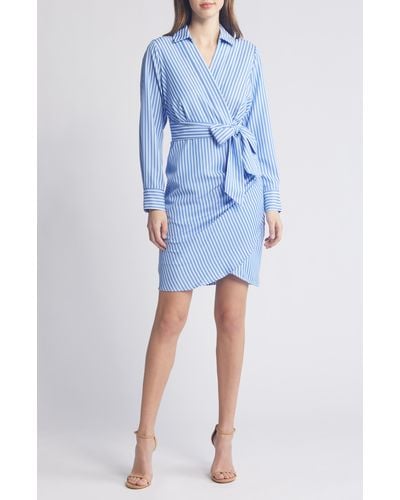 Tahari Stripe Long Sleeve Faux Wrap Dress - Blue