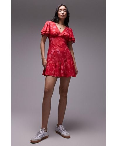 TOPSHOP Angel Sleeve Floral Minidress - Red