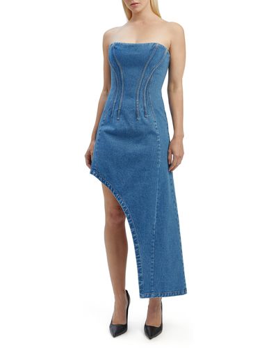 Bardot Amory Strapless Asymmetric Hem Corset Denim Dress - Blue