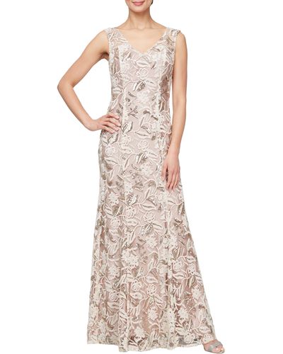 Alex Evenings Floral Embroidered Evening Gown - Natural