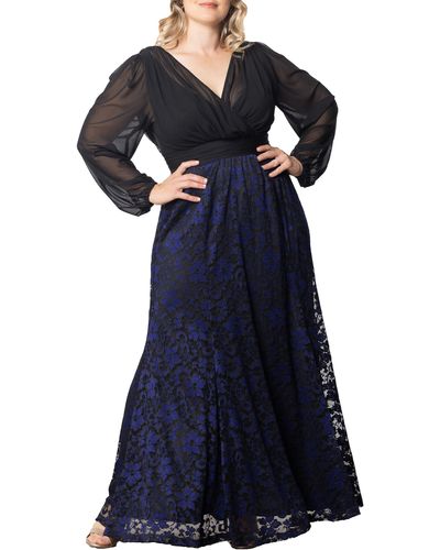 Kiyonna Mon Tresor Long Sleeve Lace & Chiffon Gown - Blue