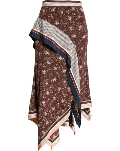 Veronica Beard Kandi Scarf Print Handkerchief Hem Stretch Silk Skirt In Multi At Nordstrom Rack - Brown