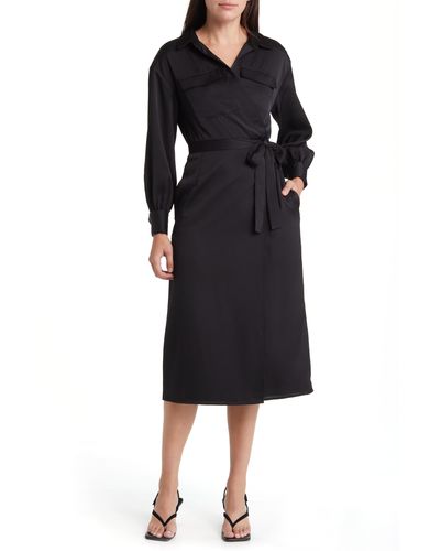 French Connection Harlow Long Sleeve Satin Midi Wrap Dress - Black