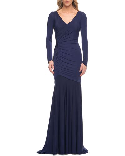 La Femme Ruched Long Sleeve Jersey Gown - Blue