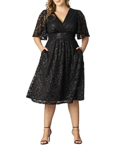 Kiyonna Starry Sequin Lace Fit & Flare Cocktail Dress - Black
