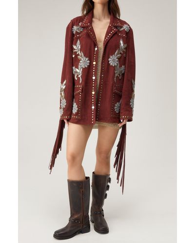 Nasty Gal Embellished Fringe Trim Suede Jacket - Red