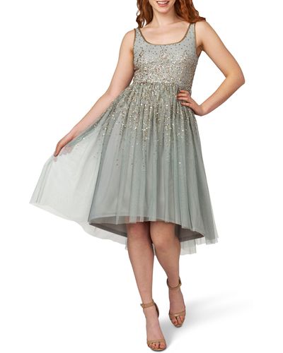 Adrianna Papell Beaded Mesh Fit & Flare Dress - Gray