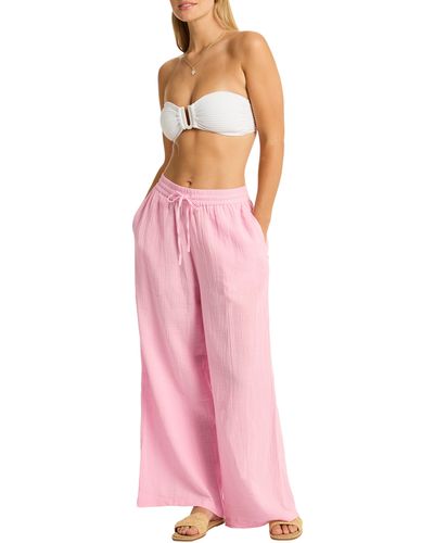 Sea Level Sunset Beach High Waist Cotton Gauze Cover-up Pants - Pink