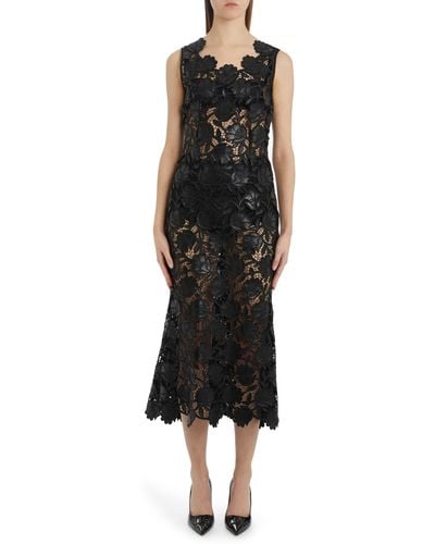 Dolce & Gabbana Faux Leather Floral Macramé Lace Dress - Black