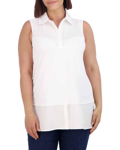Foxcroft Mixed Media Sleeveless Button-up Shirt - White