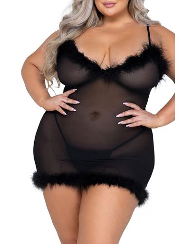 ROMA CONFIDENTIAL After Hours Feather Trim Mesh Chemise With G-string Thong - Black
