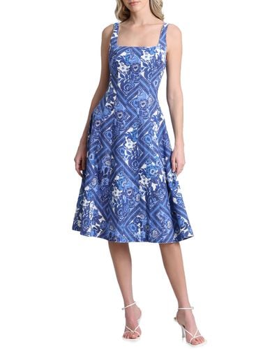 Avec Les Filles Floral Linen Blend Fit & Flare Midi Dress - Blue