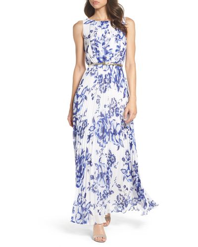 Eliza J Pleated Floral Chiffon Maxi Dress - Blue