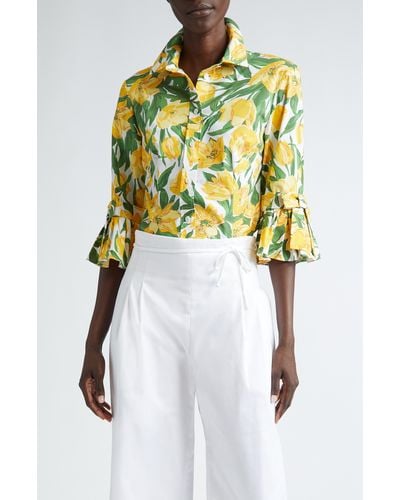 Carolina Herrera Floral Ruffle Stretch Cotton Button-up Shirt - Yellow