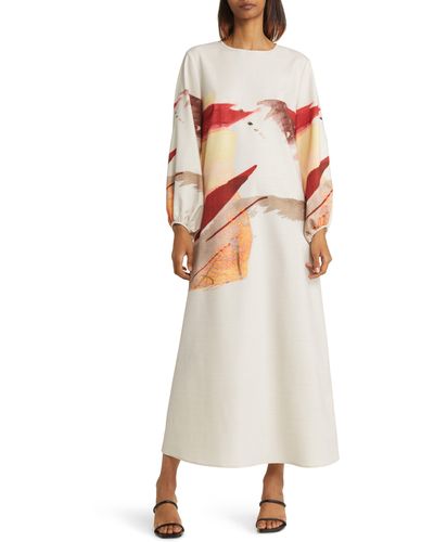 Misook Painted Sunset Long Sleeve Maxi Dress - White