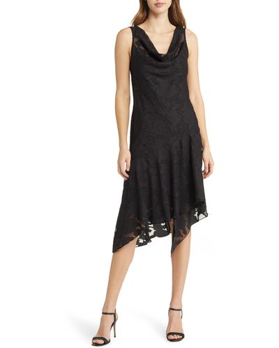 Connected Apparel Floral Burnout Jacquard Midi Dress - Black