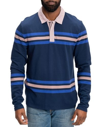 Threads For Thought Ashby Stripe Long Sleeve Organic Cotton Blend Piqué Polo - Blue