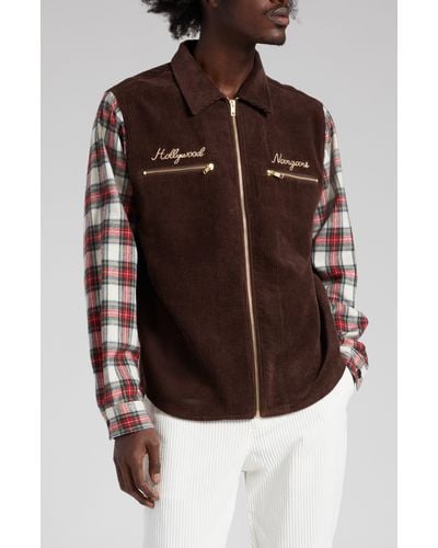Noon Goons Plaid Sleeve Corduroy Zip Shirt Jacket - Brown