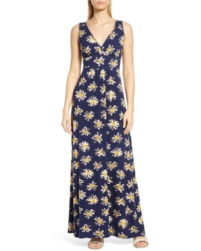 Loveappella Floral Print Empire Waist Jersey Maxi Dress - Blue
