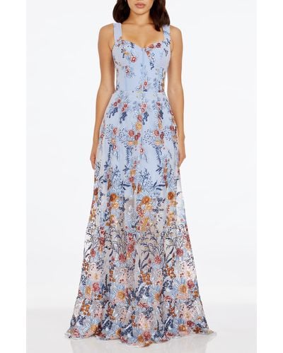 Dress the Population Anabel Floral Embroidered Chiffon Gown - Blue