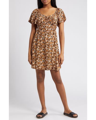 Rip Curl Sea Of Dreams Floral Flutter Sleeve Minidress - Brown
