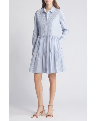 Caslon Caslon(r) Stripe Tiered Long Sleeve Shirtdress - Blue