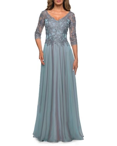 La Femme Lace Bodice Chiffon A-line Gown - Blue