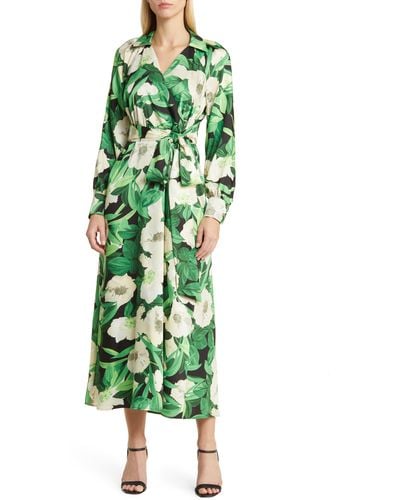 Anne Klein Floral Print Long Sleeve Faux Wrap Midi Dress - Green