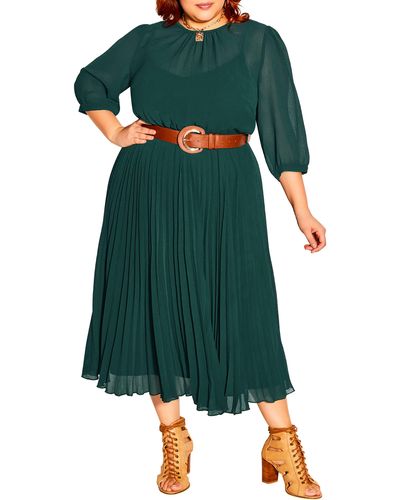 City Chic Love Pleat Belted Dress - Green