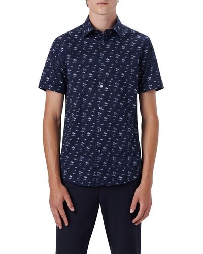Bugatchi Ooohcotton® Palm Print Short Sleeve Button-up Shirt - Blue