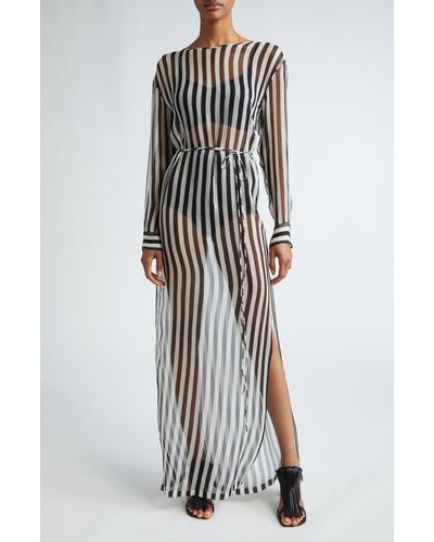Dries Van Noten Stripe Long Sleeve Sheer Silk Maxi Dress - Gray