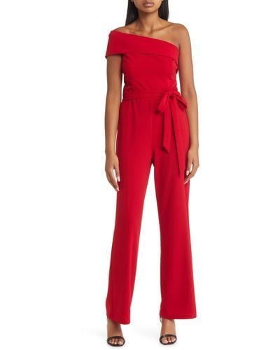 Marina One-shoulder Belted Jumpsuit - Red