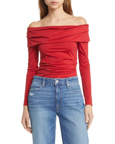 Nation Ltd Abana Drape Off The Shoulder Long Sleeve Pima Cotton Blend Top - Red