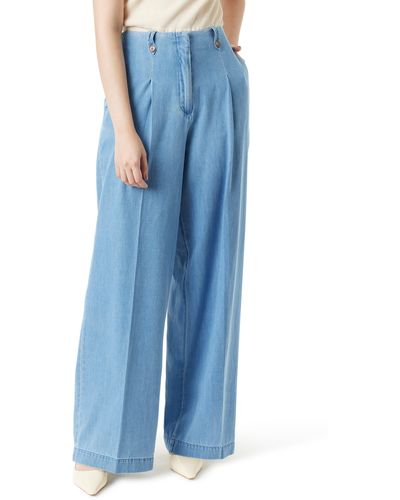 Sam Edelman Lorelai Pleated Wide Leg Cotton Denim Pants - Blue
