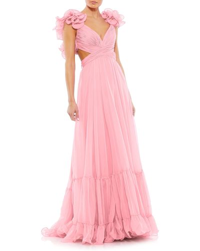 Mac Duggal Rosette Chiffon Cutout Empire Waist Gown - Pink
