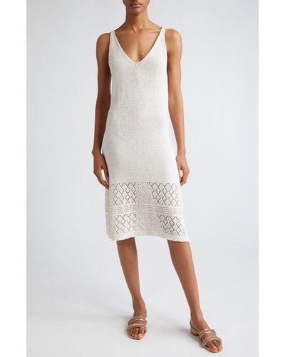 Eleventy Sequin Sleeveless Cotton & Linen Blend Pointelle Sweater Dress - White