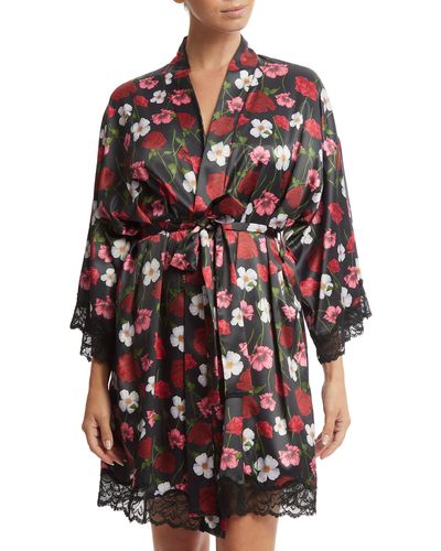 Hanky Panky Luxe Floral Lace Trim Satin Robe - Red