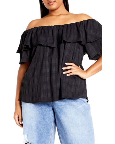 City Chic Christy Off The Shoulder Ruffle Top - Black