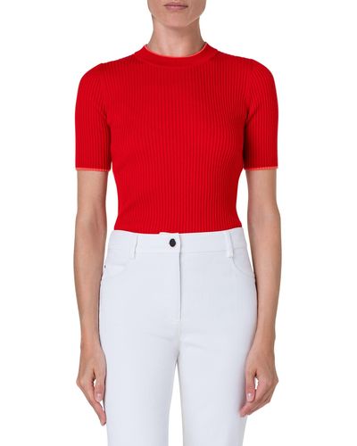 Akris Punto Short Sleeve Rib Virgin Wool Sweater - Red