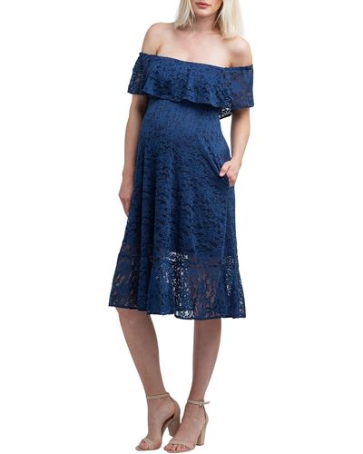Nom Maternity Lucia Off The Shoulder Lace Maternity Dress - Blue