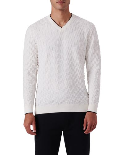 Bugatchi Basketweave Stitch V-neck Cotton Blend Sweater - White