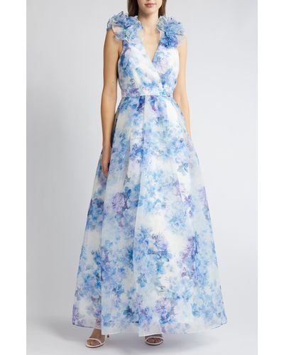Julia Jordan Ruffle Floral Gown - Blue