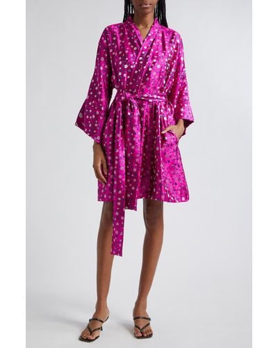 La Vie Style House Floral Jacquard Long Sleeve Wrap Minidress - Pink