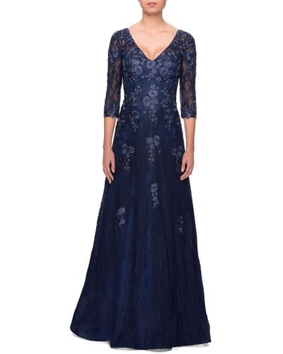 La Femme Embroidered Lace Gown - Blue