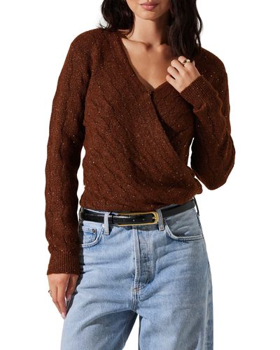 Astr Metallic Sequin Surplice Cable Stitch Sweater - Brown