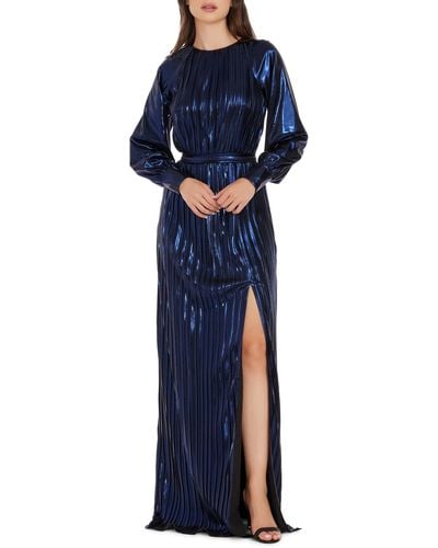 Dress the Population Calista Metallic Jacquard Stripe Long Sleeve Gown - Blue