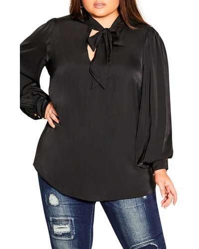 City Chic In Awe Tie Neck Blouse - Black