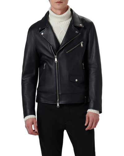 Bugatchi Full Zip Leather Biker Jacket - Black